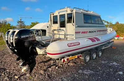 2009 Cantieri Mariner 8.3 Cabin RIB — On the trailer — stern and outboards