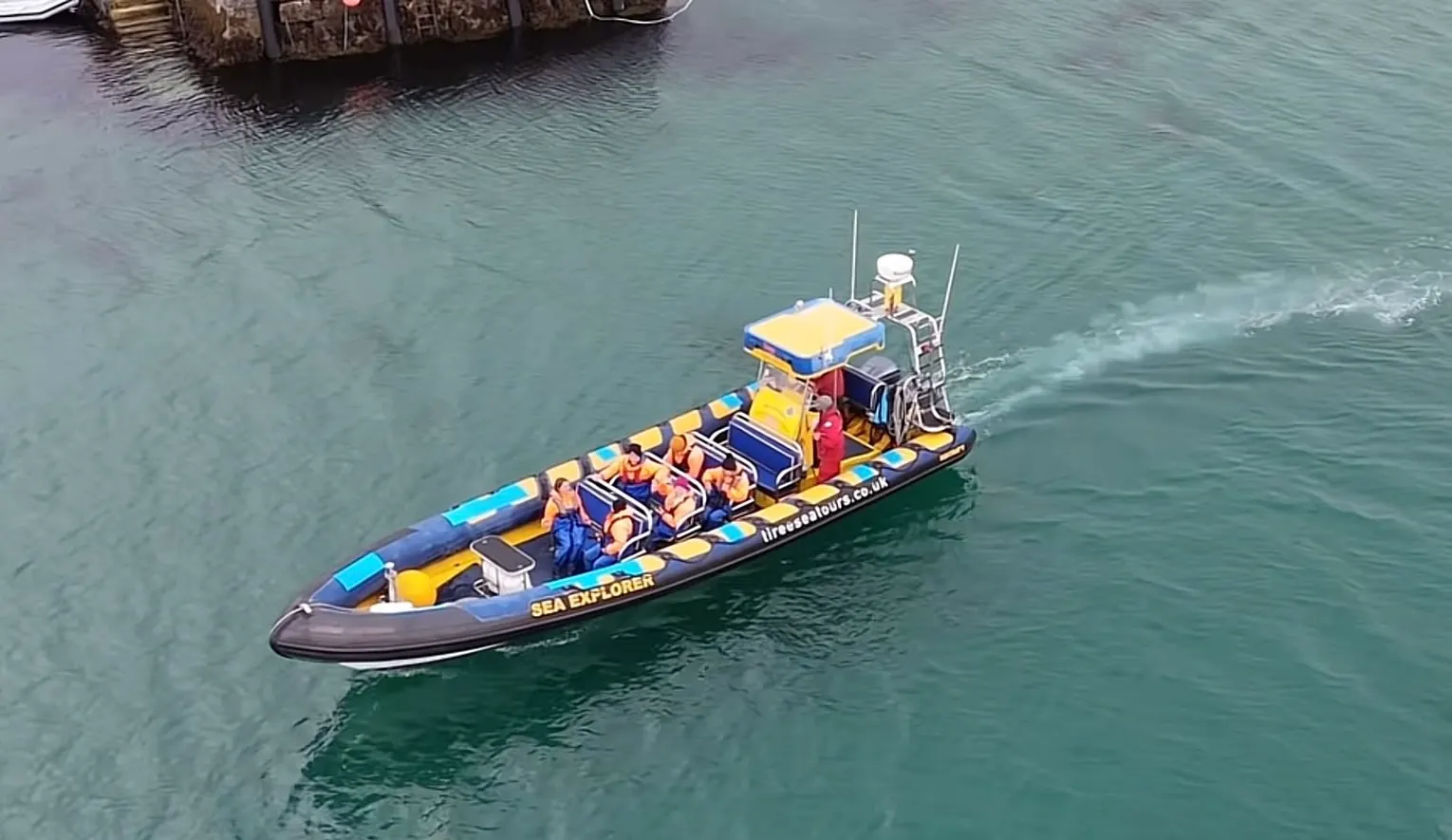 2008 Ribcraft 10.5m Wide Beam — In the harbour, from above