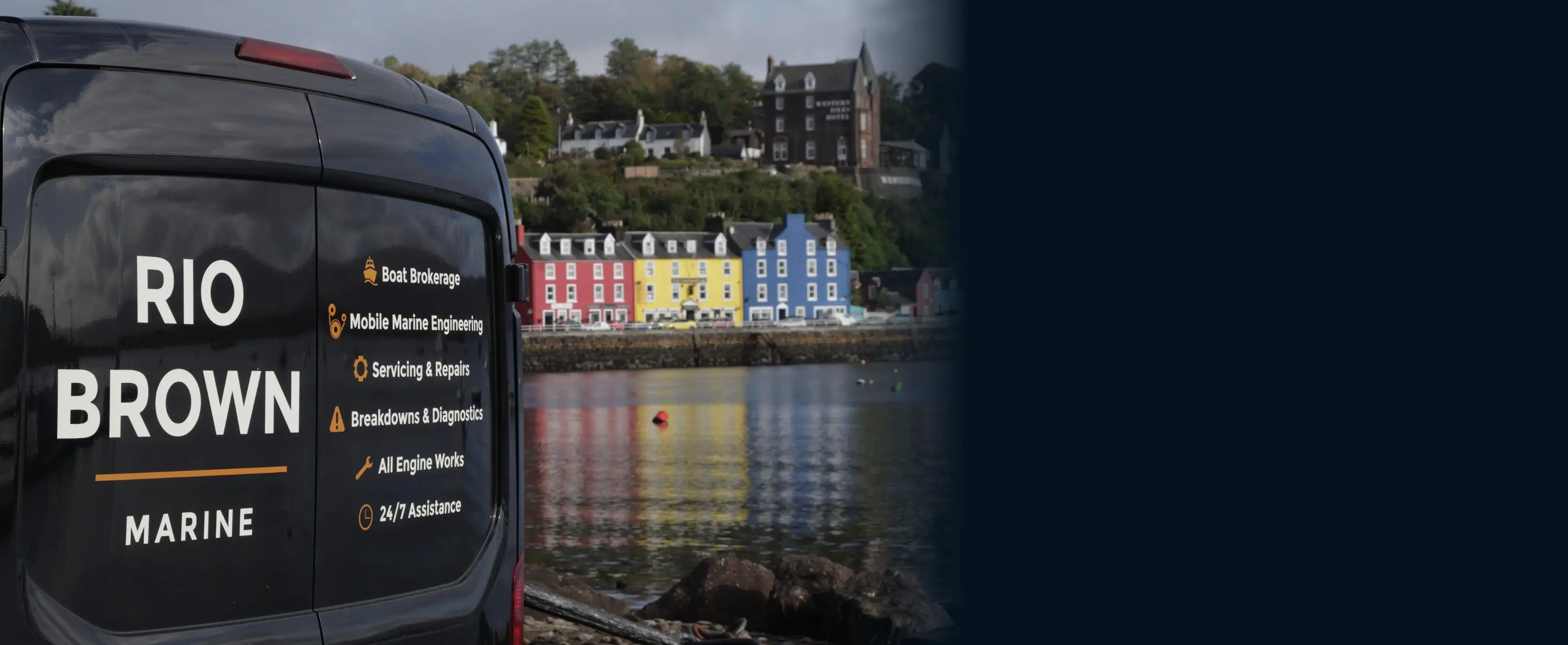 The Rio Brown Marine van's rear doors at Tobermory, services listed on the livery